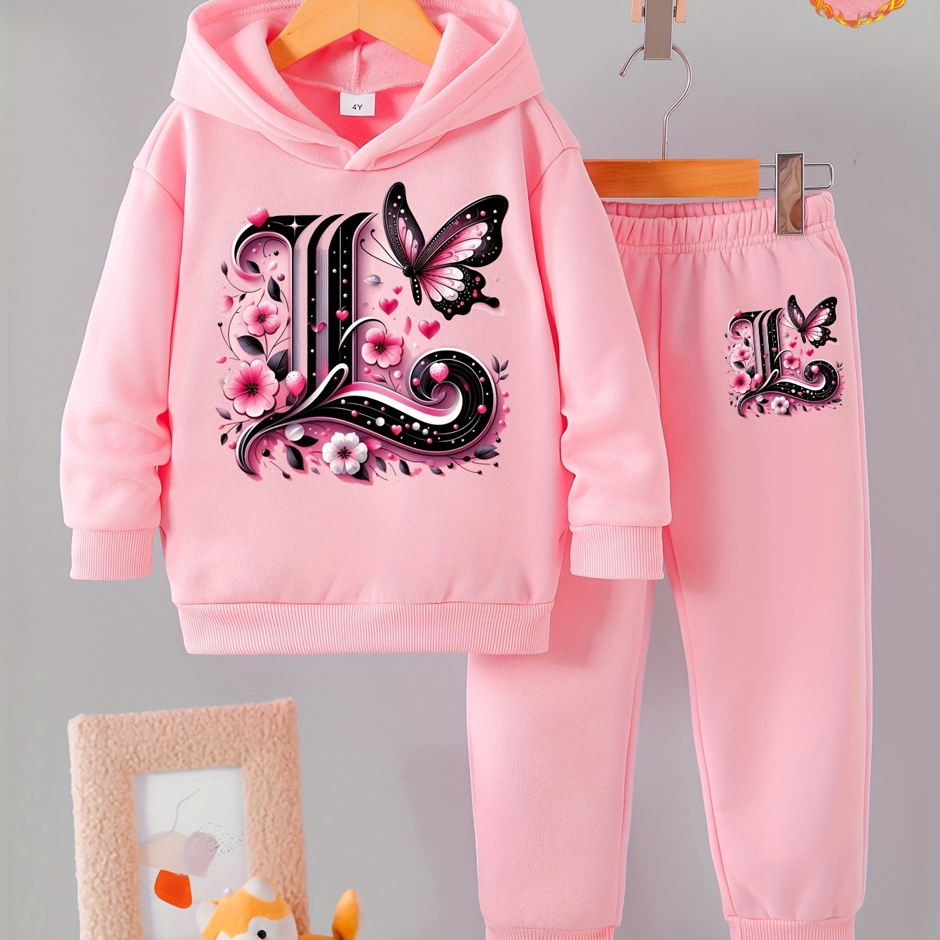 Toddler Girl Love Bear Print Hoodie Set, Autumn/ Winter, for Outdoor