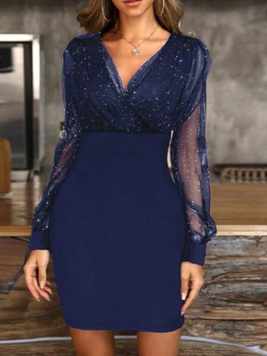 HERTALK Mesh V-Neck Sequin Dress, Slim-Fit And Sexy