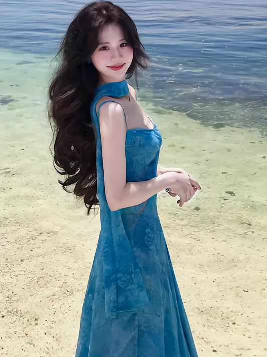 Women's Summer Gorgeous Blue Floral Halter Dress, Elegant Waist-Cinched Slim-Fit Beach Vacation Style