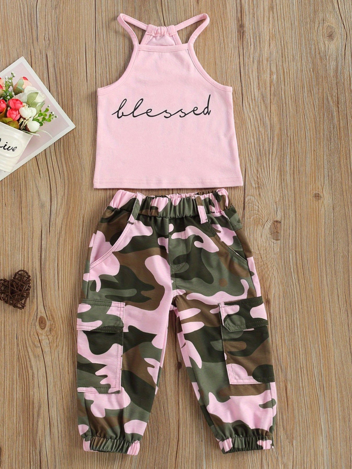 Girls 2pcs Clothes Set, Sleeveless Letter Printed High Neck Halter Tops with Camouflage Printed Long Pants