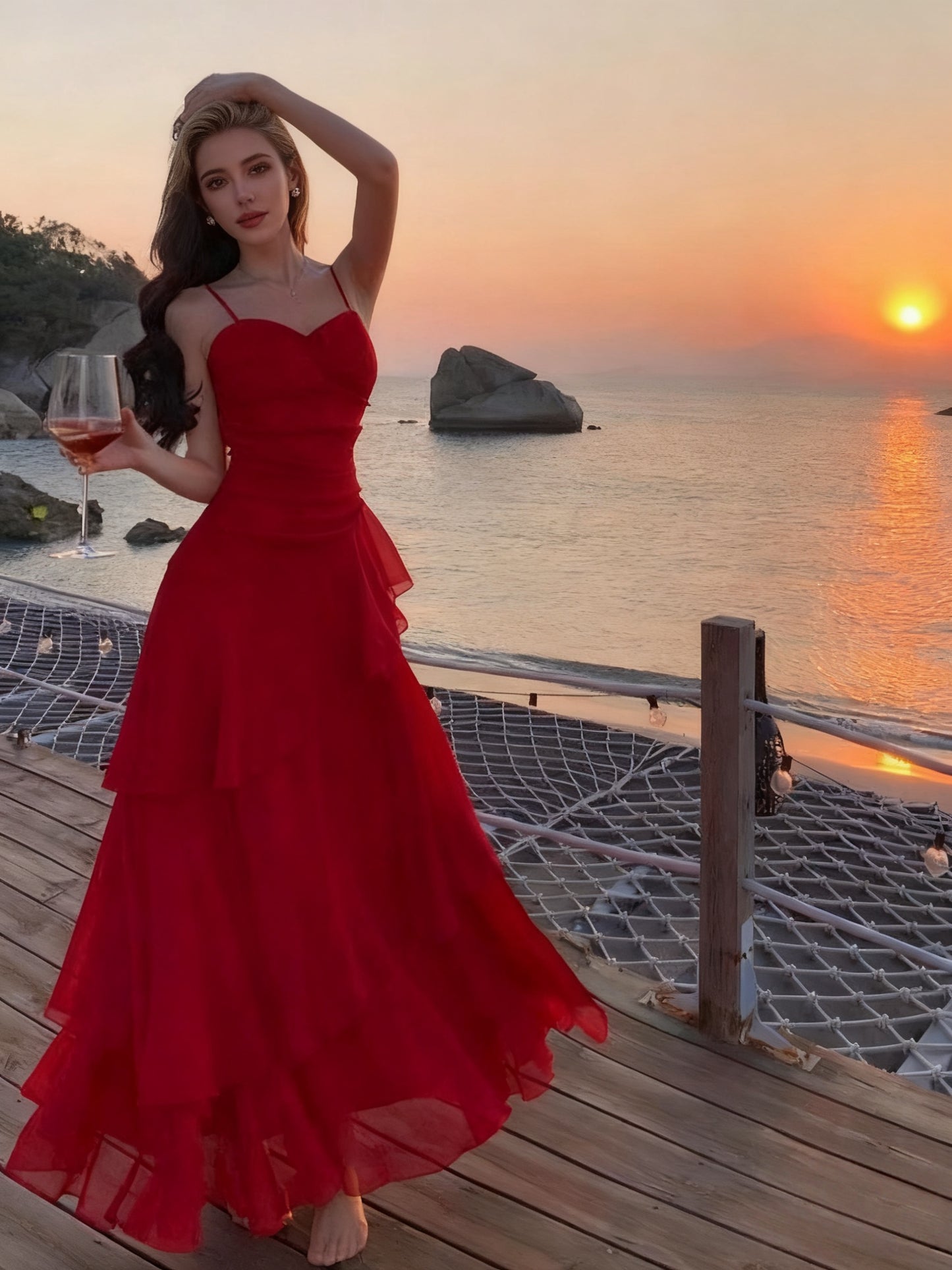 Women's Retro Red Strapless/One-Shoulder Maxi Dress - Waist-Cinching Ruffled evening Gown, Hand Washable Party Wedding Guest Dress, Birthday Evening Attire, Spring Summer Fall Elegant Dress Gift for her