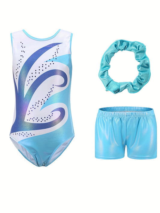 Girls' Sleeveless Gymnastics Leotard with Sparkling Blue & Purple Swirl Design + Light Blue Shorts & Hair Tie - Breathable Stretchy Fabric for Dance, Gymnastics, Christmas Parties, Gymnastics Attire, Sleek Fitted Design, Medi
