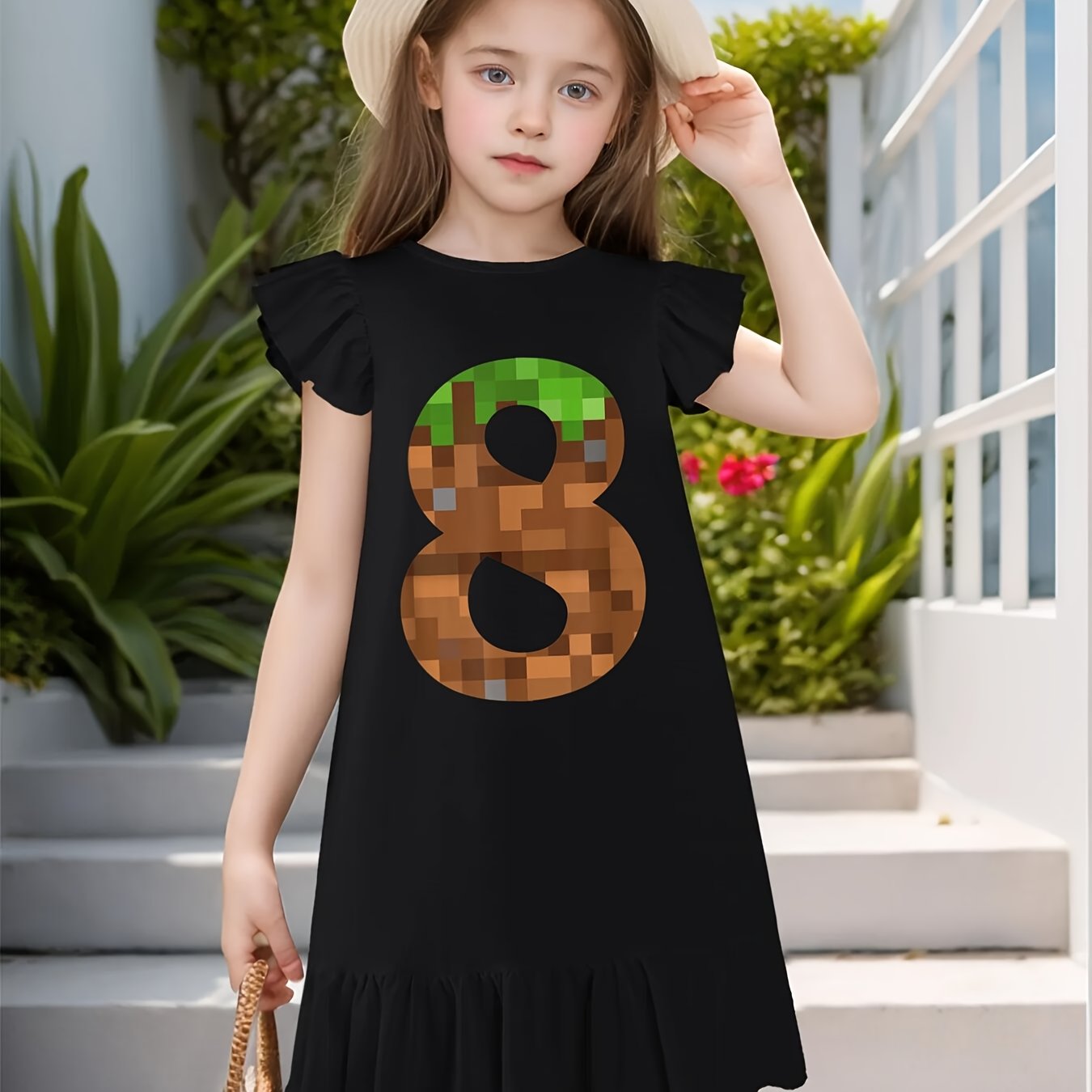 Pixel 8yr Birthday Number Eight 8 Year Old 8th Video Gamer Dress with Flutter Sleeves - Sleeveless Dress for Girl Kid