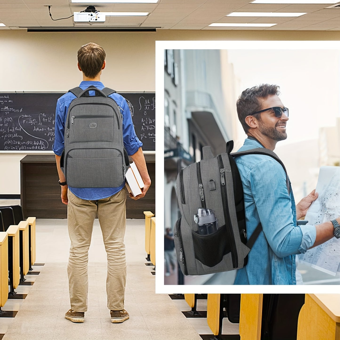 Men's Large 17-Inch Anti-Theft Backpack with TSA-Friendly Laptop Compartment & Cooler - Flight Approved Carry-On, Port, Heavy-Duty High Quality Laptop Bag for Work, College, Travel, Hiking (Grey) - Lunch Box Pocket