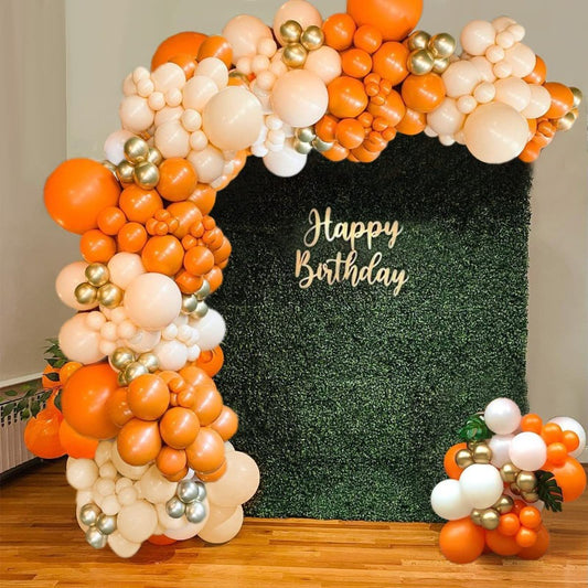 Complete Orange Balloon Arch & Chain Decoration Kit with Helium-Ready Balloons, Golden-Tipped Tips & Green Foliage-like Garland - Party Backdrop for Birthdays, Weddings,, New Year (No Helium Tank)