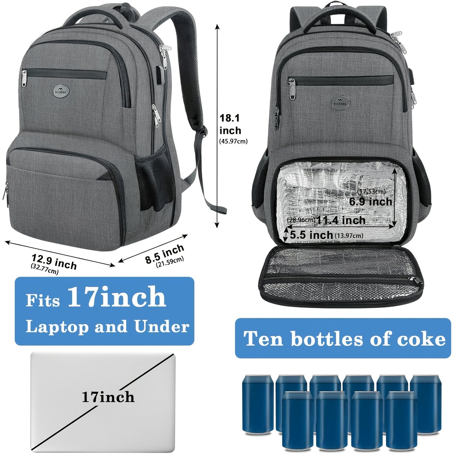 Men's Large 17-Inch Anti-Theft Backpack with TSA-Friendly Laptop Compartment & Cooler - Flight Approved Carry-On, Port, Heavy-Duty High Quality Laptop Bag for Work, College, Travel, Hiking (Grey) - Lunch Box Pocket