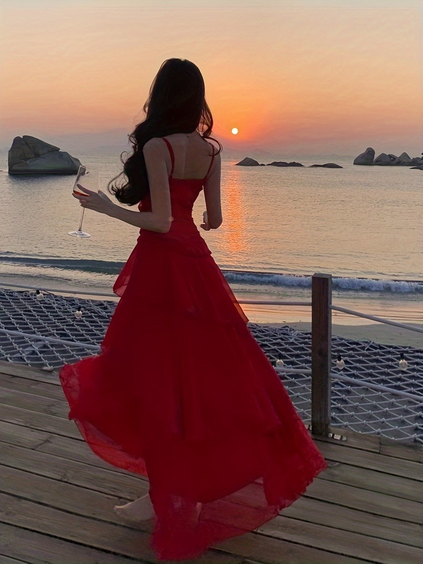 Women's Retro Red Strapless/One-Shoulder Maxi Dress - Waist-Cinching Ruffled evening Gown, Hand Washable Party Wedding Guest Dress, Birthday Evening Attire, Spring Summer Fall Elegant Dress Gift for her