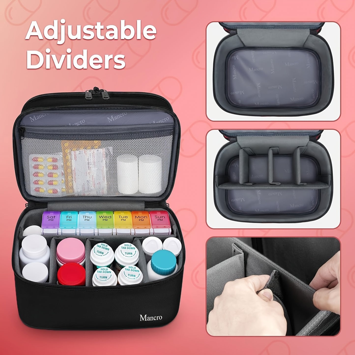 Dual-Layer Lockable Medicine Organizer Bag with Adjustable Partitions - Food-Safe Nylon Pill Case for Prescription Bottles, Vitamins & Medical Supplies - Travel, Home & Car Storage (Empty Bag Only), Pill Box for Purse