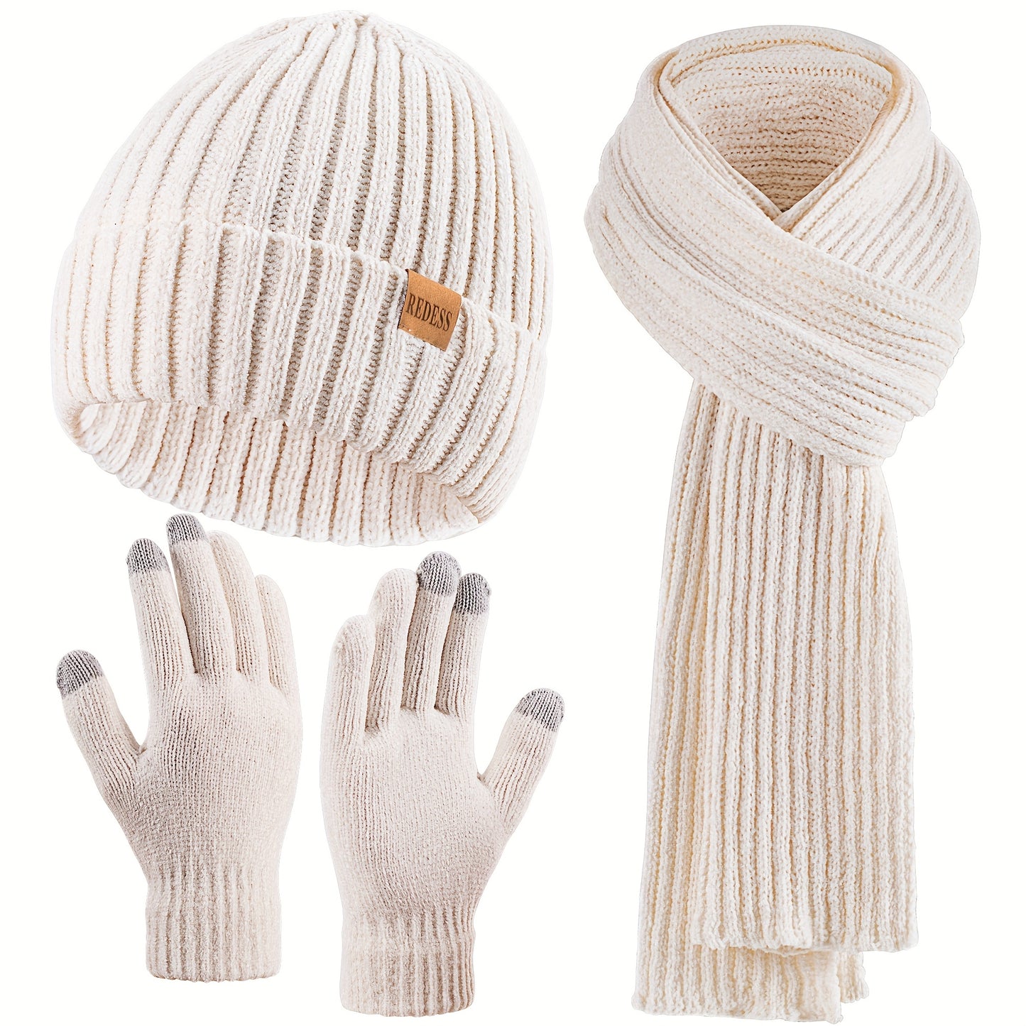 Women's Scarf, Gloves & Beanie Hat Set, Plush Touchscreen Gloves, Cold Weather Hand & Neck Warmers, Christmas & Thanksgiving Gifts for Adults, Beige/Elegant Multi-Color Options (Brown/Beige/Tan), Cozy Winter