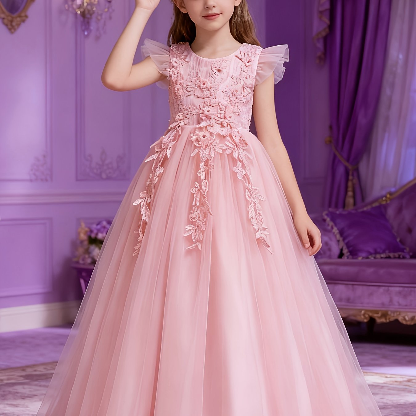 2025 New Arrival Girls Princess Style Tulle Gown With 3D Floral Bodice And Large Ballgown Skirt For Weddings And Parties