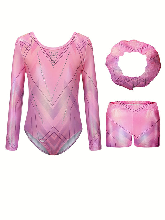 Girls' Long Sleeve Gymnastics Bodysuit with Geometric Pattern - Breathable, Washable, Stretchy Workout Outfit for Christmas, Football Parties & Sports Events, Christmas Sports Attire, Sleek Sporty Design, Stretchy Fabric