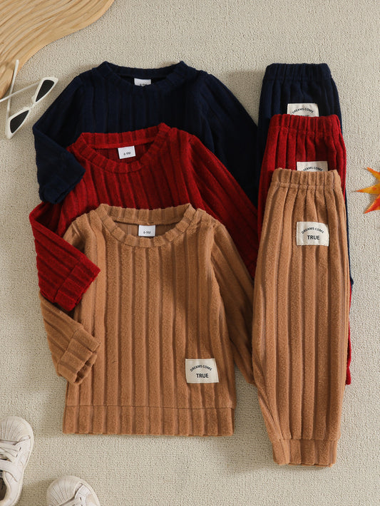 Three Sets of Six-Piece Outfits, Suitable for Both Boys And Girls, Featuring Solid Color Ribbed Long-Sleeve Tops And Long Pants. Soft And Comfortable, Perfect for Outdoor Leisure Activities And Vacations in Spring, Autumn, An