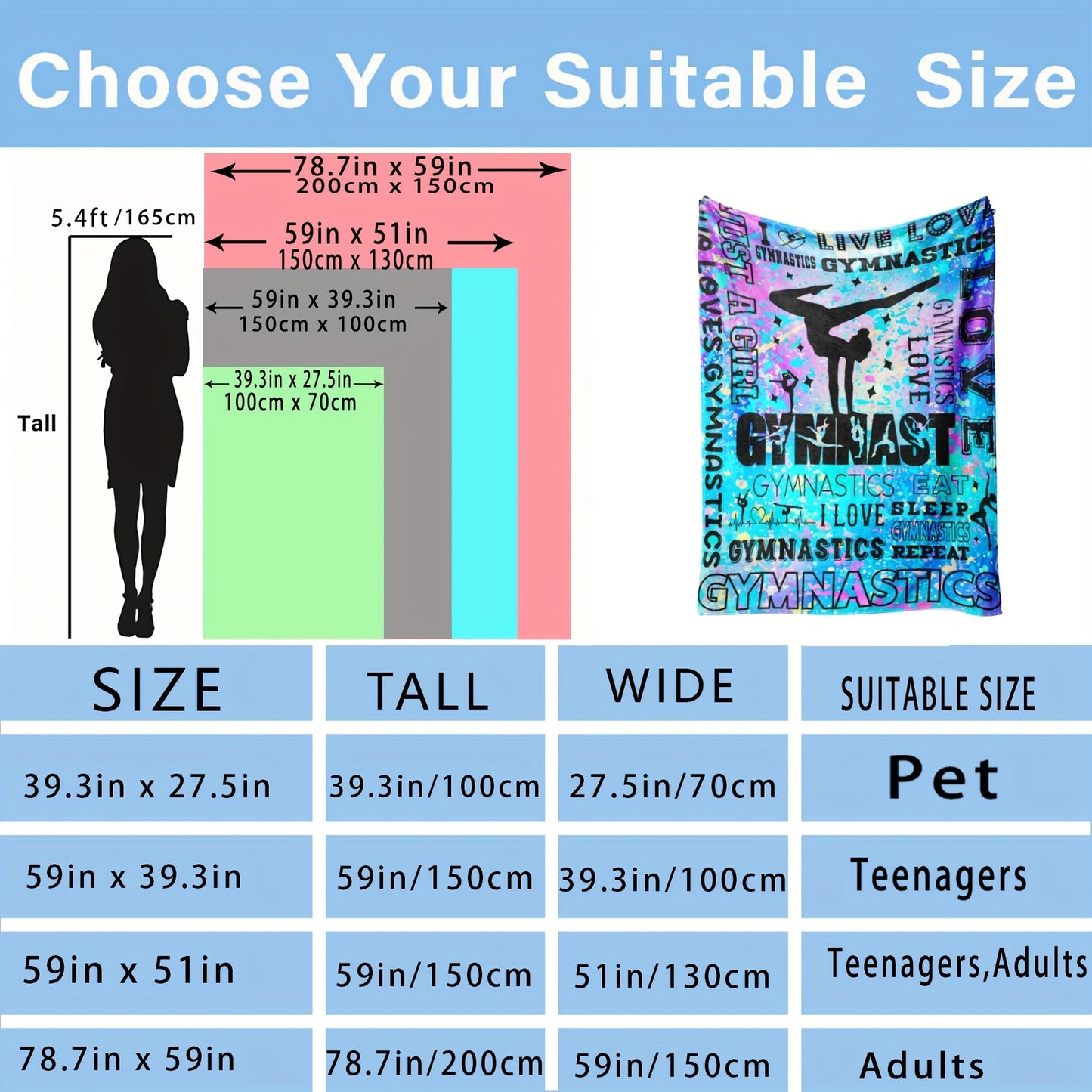 1pc Gymnastics-Themed Flannel Blanket | Soft All-Season Bedspread with Gymnast Silhouettes, Bars & Beam Design, Exercise Patterns - Ideal Gift for Gymnasts, Coaches, Fans, Available in Blue, Pink, Purple | Polyester, Machine