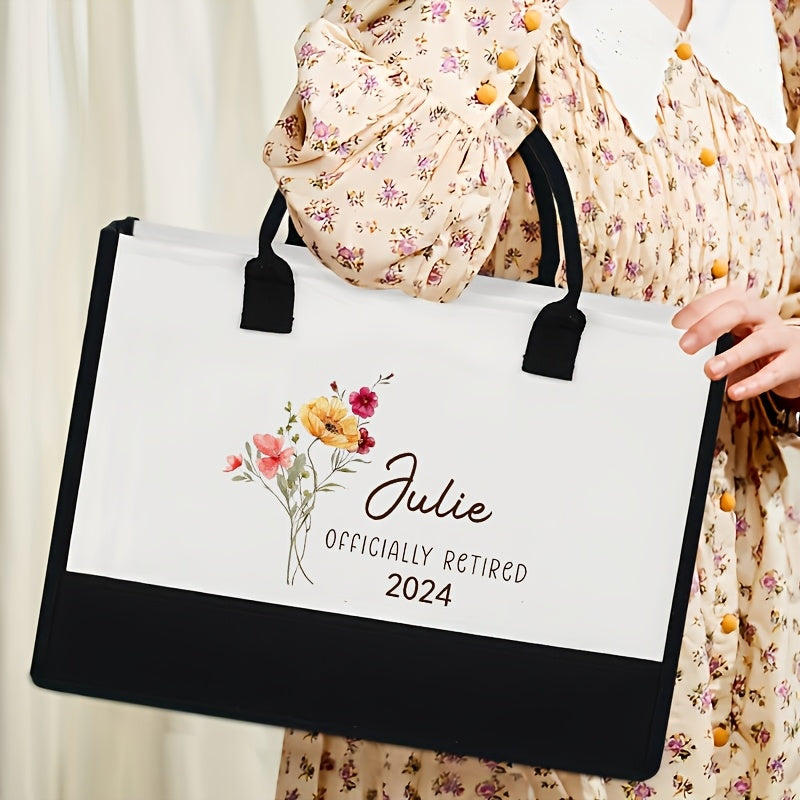 1pc Personalized Retirement Tote Bag - Custom Name & Date Floral Design Durable Polyester Beach Bag, Hand Washable Gift for Grandma, Retired Women, Retirement Party