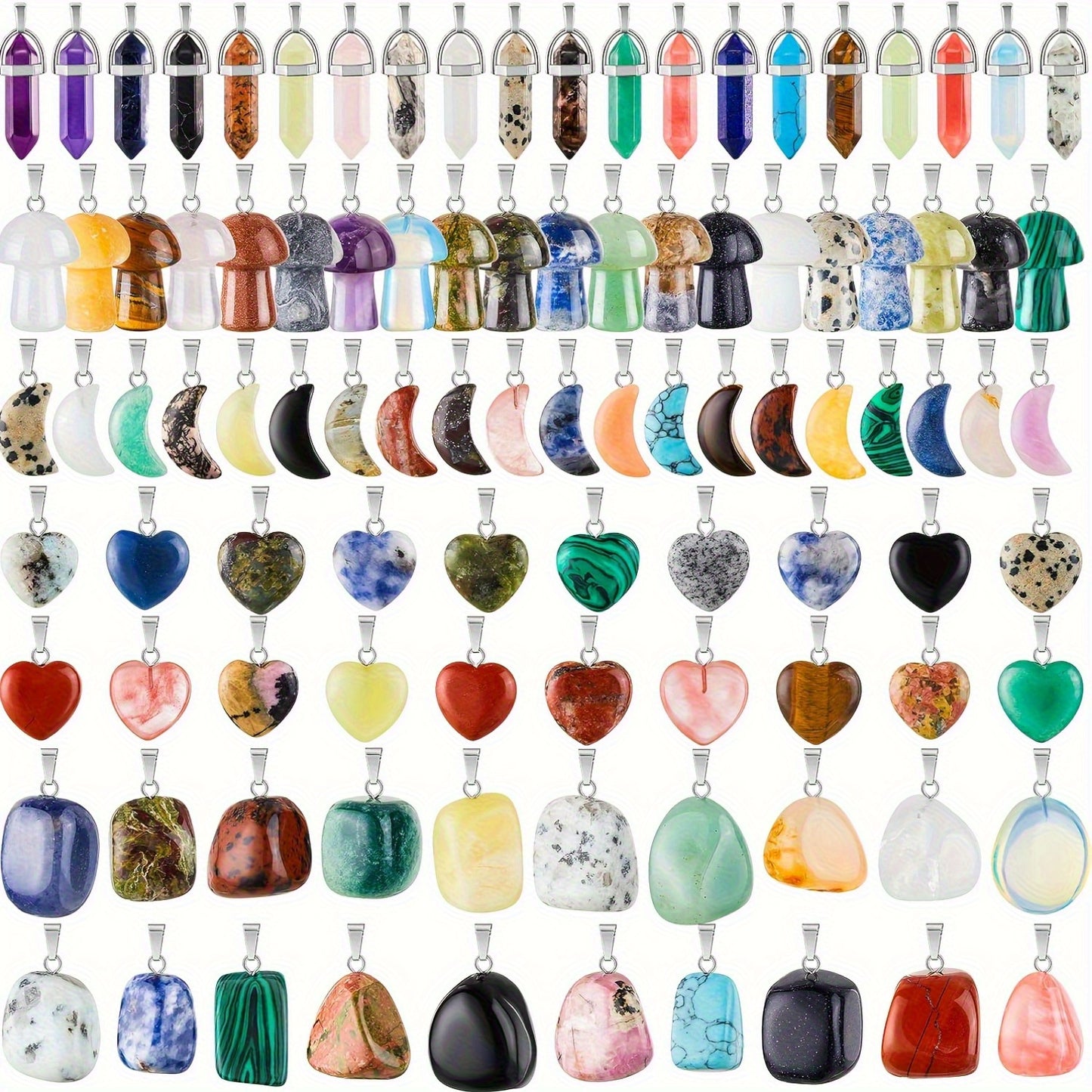 100 Natural Stone Pendants Multicolor Hexagon Column Mushroom Moon And Heart Shapes For DIY Jewelry Making Necklace