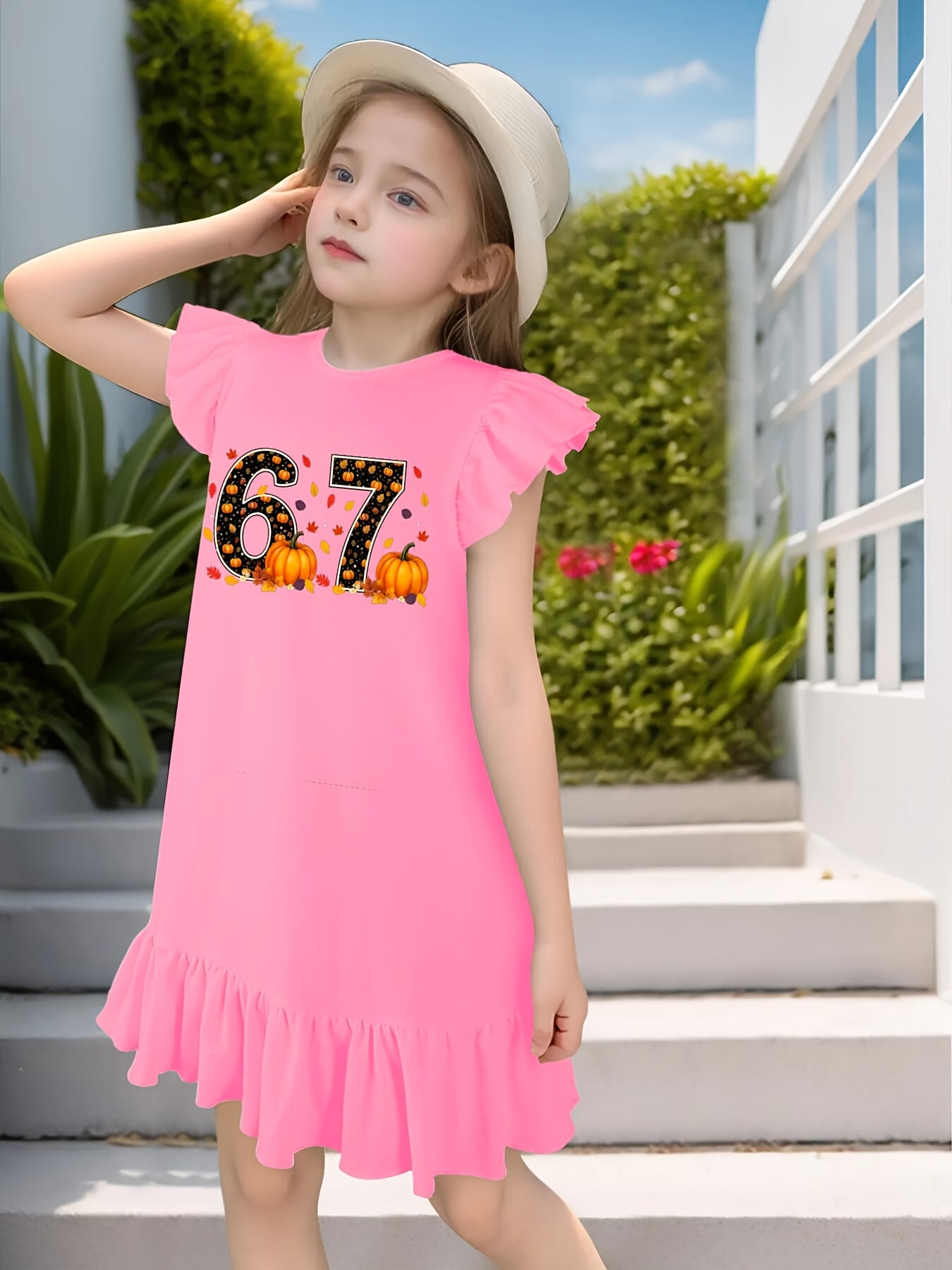 Girls Over 3 Years Sleeveless Flutter Sleeve Dress 67 Meme Detail Elastic Midsection Machine Washable Party Outfit