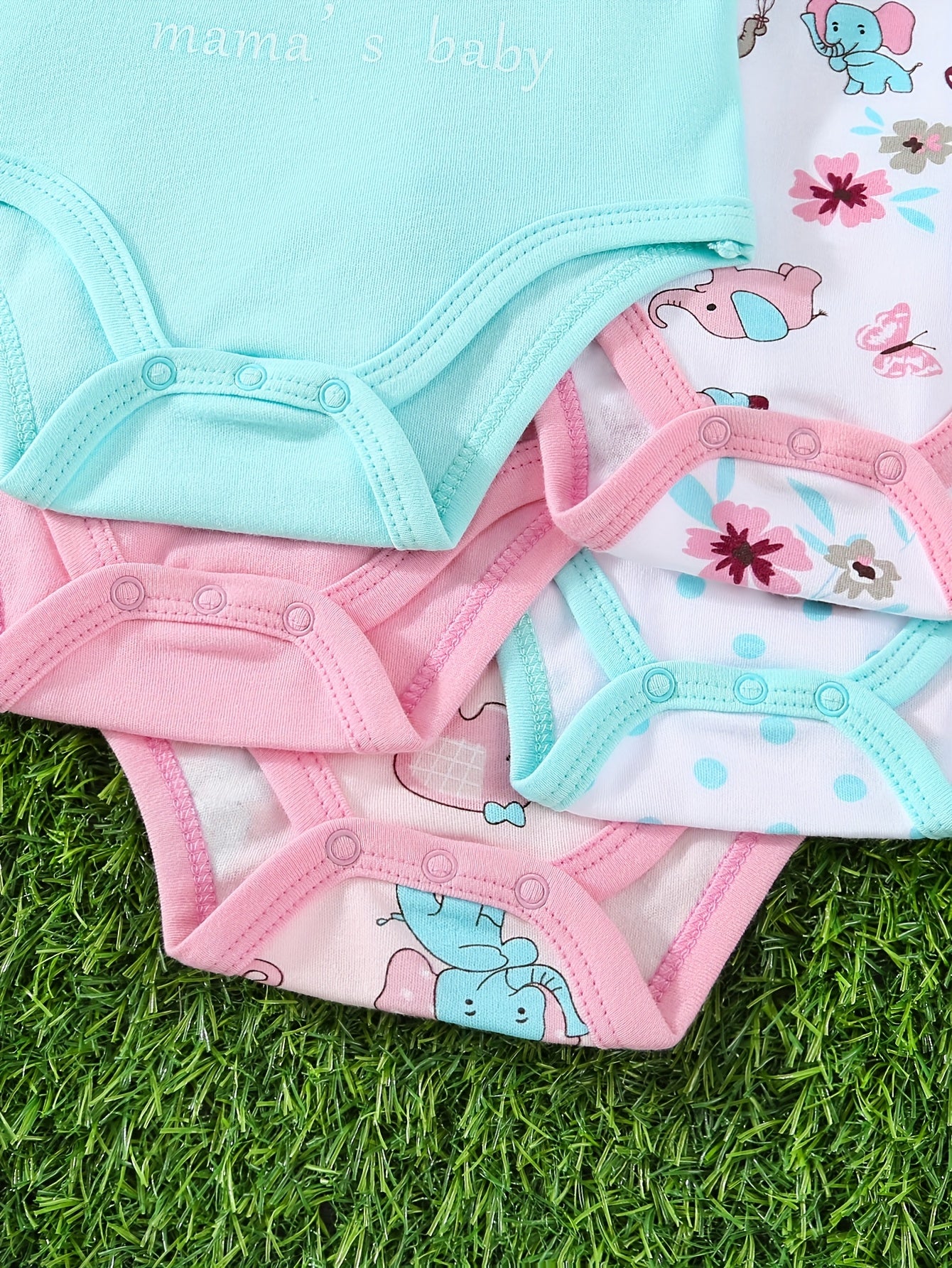 5pcs Set Of Baby Girl Short Sleeved Triangle Jumpsuit, Pink Elephant Cute Baby Girl Hoodie, Crawling Suit, for Outdoor