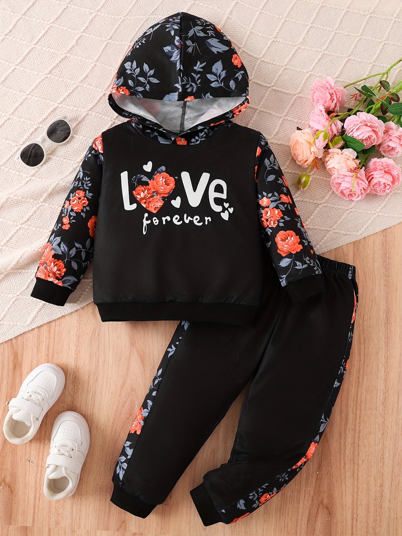 Kids' Autumn Sweatshirt Set, Newborn Long-Sleeve Two-Piece Outfit for Girls with Printed Hoodie + Casual Pants