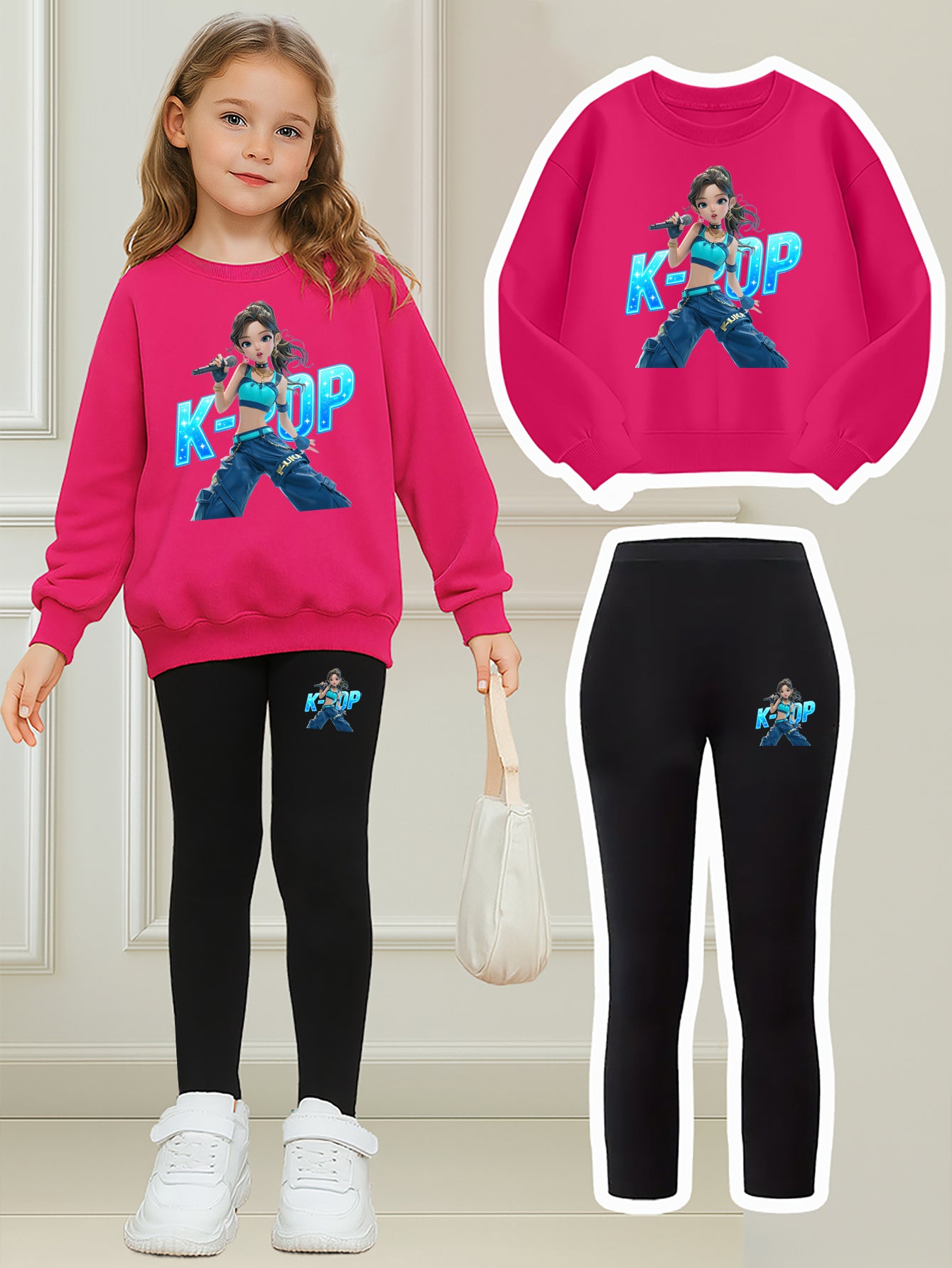 K-Pop Element Girls Two-piece Set | Girl Idol Group Anime Print Sweatshirt + Tight Pants | Trendy Brand Daily Wear | Perfect Birthday Gift for Girls, for Outdoor