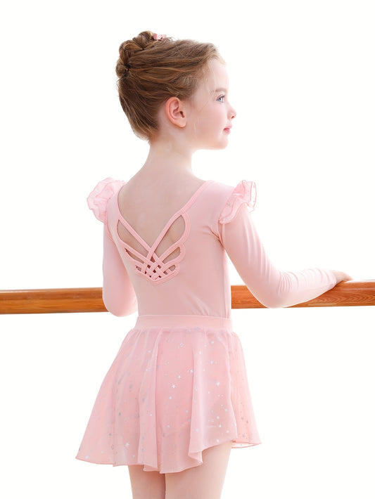 Christmas Gift Girls' Tight Bodysuit & Tulle Skirt Set - Detachable Long Sleeve Ruffle Crisscross Back Silvery Stars, Ballet Gymnastics Dance Outdoor Fall Clothing
