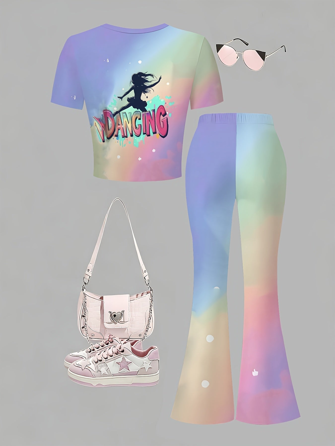Girls Two Piece Short Sleeve Top and Flared Pants Set