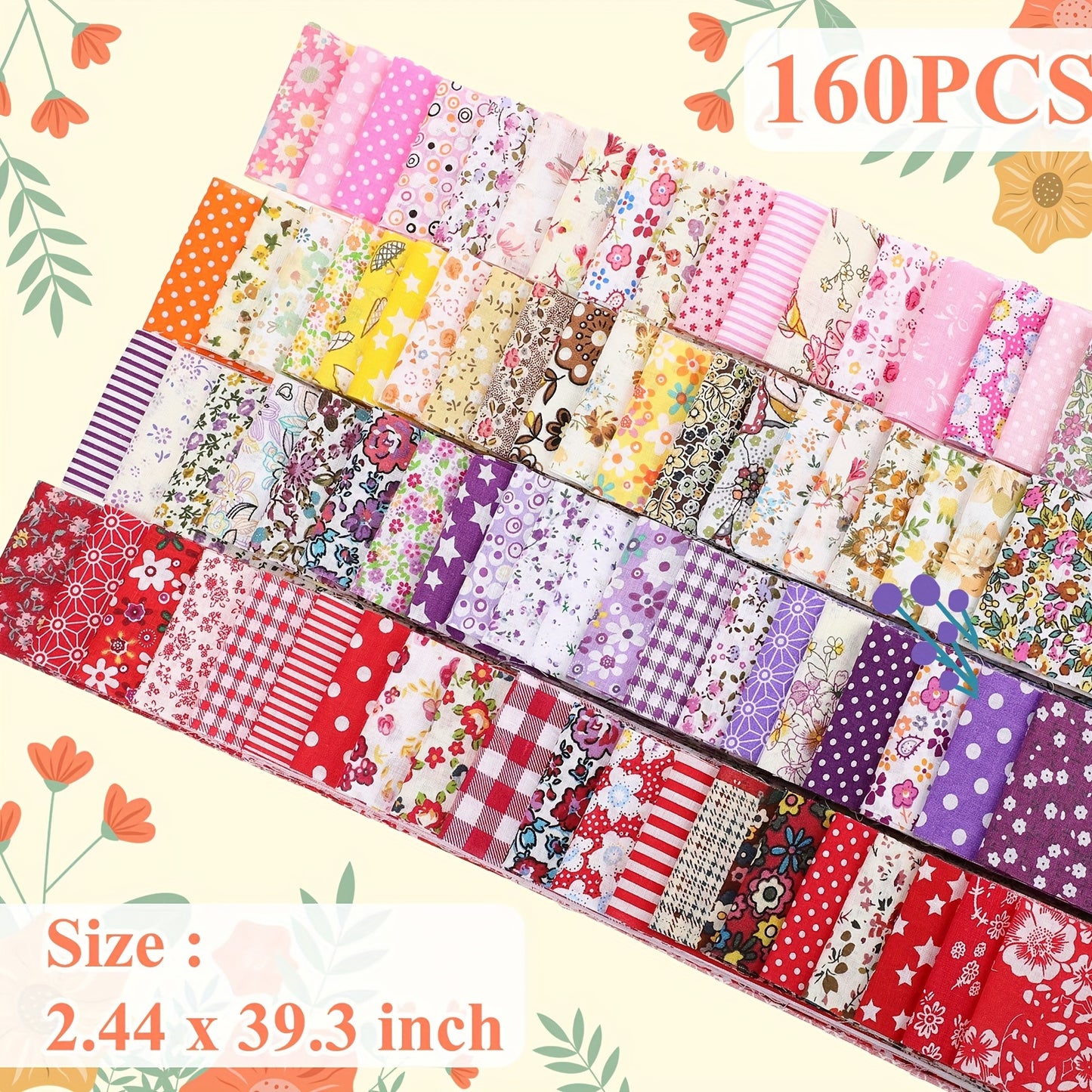 Skylety 160pc Cotton Fabric Strips in 4 Rolls for Quilting