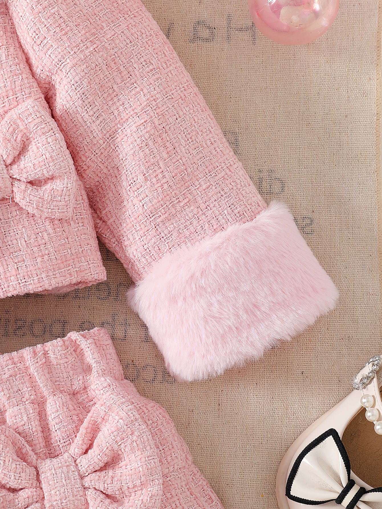 Baby Girl Two Piece Skirt Set With Bow Plush Collar