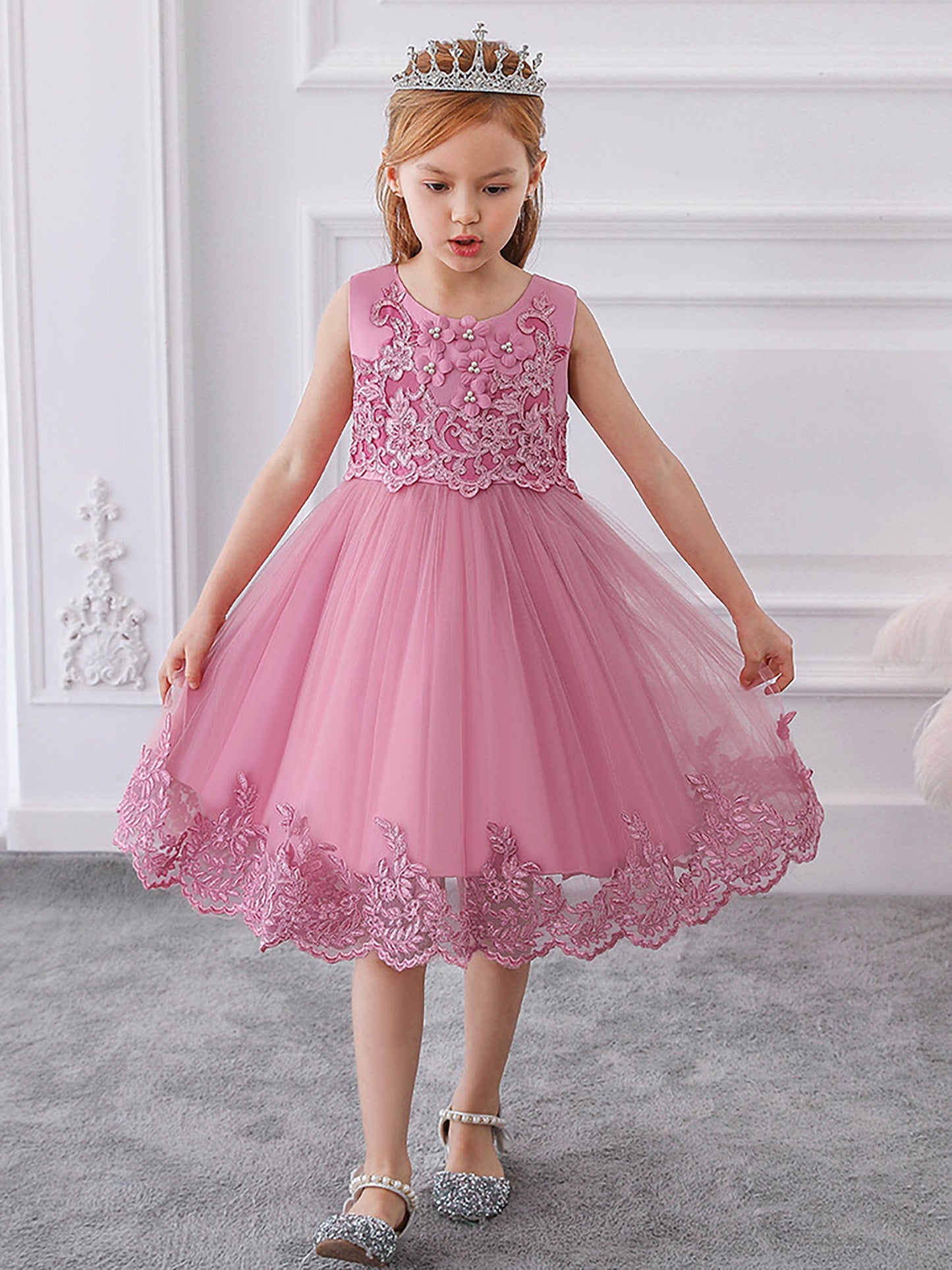[Princess Dress for Girls] Elegant Girls' Sleeveless Princess Dress with Floral Lace Embroidery & Tulle Skirt | Sweetheart Neckline, Fitted Bodice, Ruffled Hem, Perfect for Weddings, Parties & Special Occasions, Wedding Guest