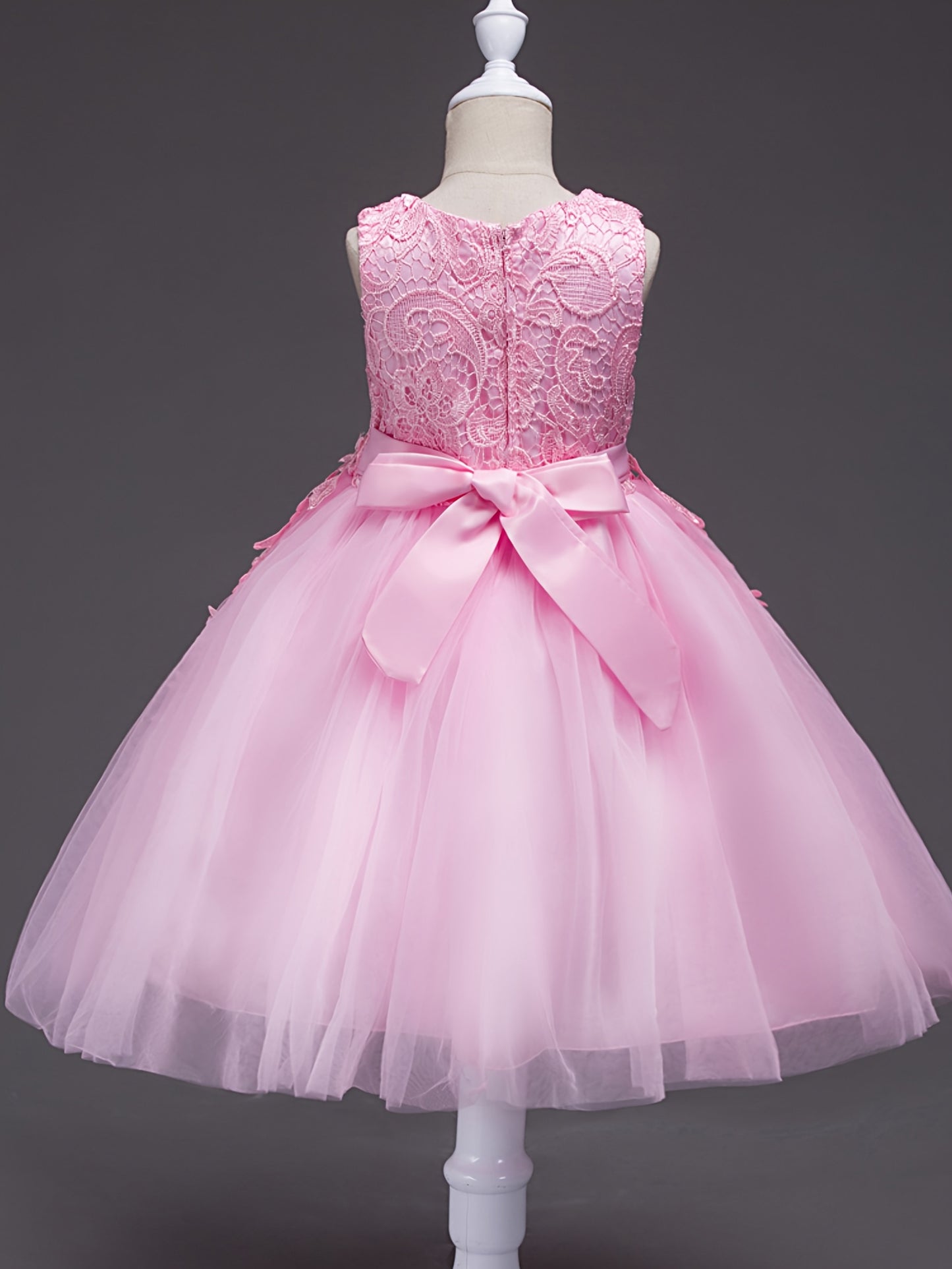 Girls Lace Embroidered Dress With Bow Waist And Mesh Skirt