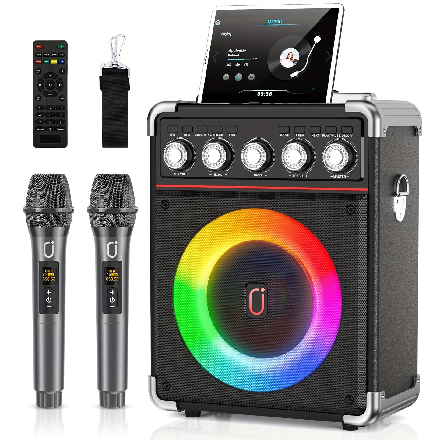 Karaoke Machine, with 2 Wireless Karaoke Microphones, Party Speaker with Bass/Treble Adjustment, DJ Lights, Portable Speaker for Home Party, Birthday, Gatherings, Christmas Gift