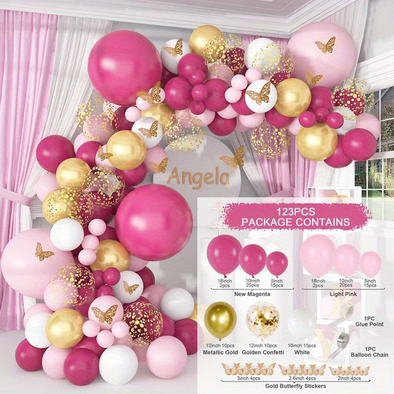 137 Piece Butterfly Series Purple Birthday Balloon Garland Set With Golden White Balloons And Happy Birthday Sign