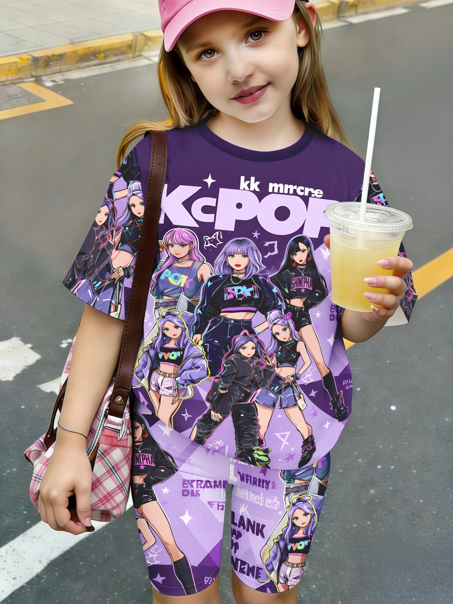 Girls 2Pc Polyester Print Short Sleeve and Shorts Set