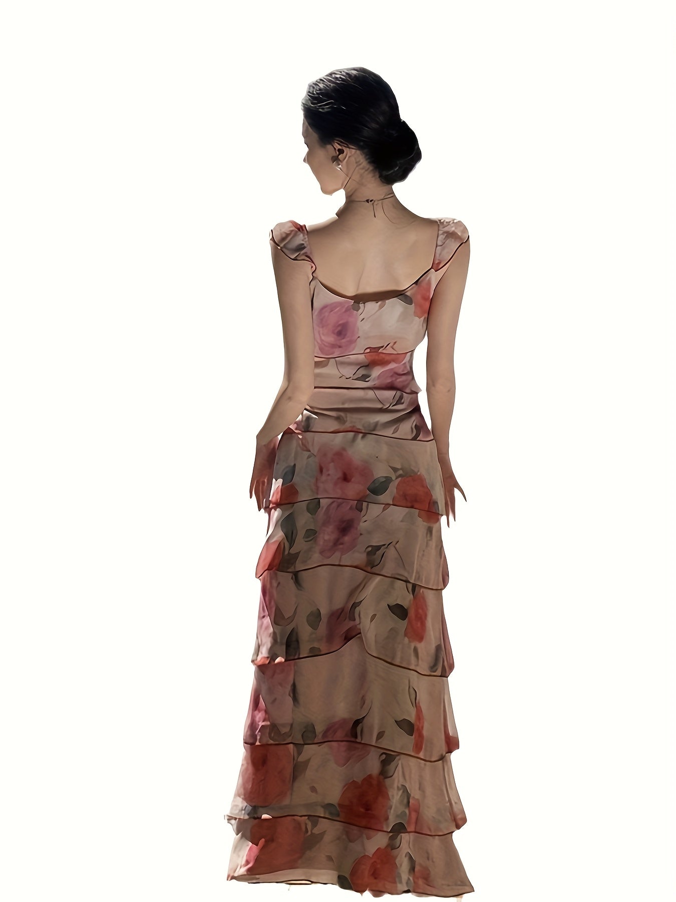 Women'S French Romantic Watercolor Floral Print Spaghetti Strap Maxi Dress - Off-Shoulder/One-Shoulder Boho Beach Dress with Slim-Fit Silhouette, Lightweight Breathable Fabric for Coastal Vacation, Summer Weddings & Evening E