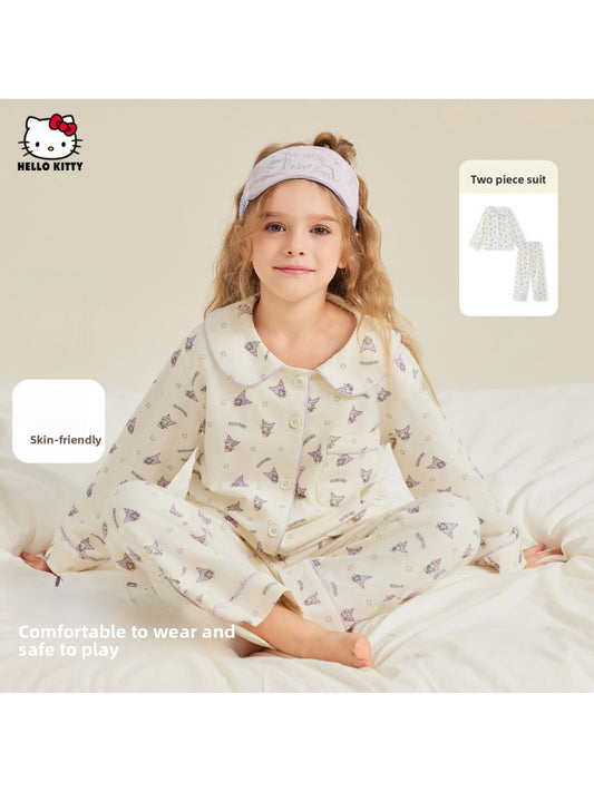 [Officially Licensed] 2pcs Sanrio Girls' Two-Piece Set - Cute Anime Character Print (Cinnamoroll/Tailor) All-Season Soft Light -Friendly Fabric, Loose-Fit Long Sleeve Top & Pants with Elastic Waist, Cozy Casual Outfit for Hom