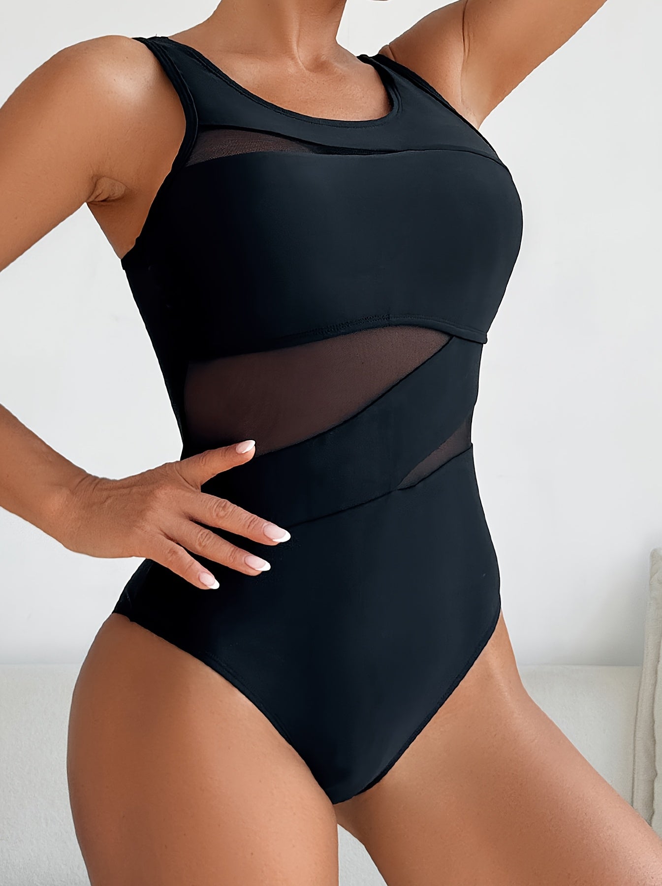JSW Women'S Sexy Double Shoulder One-Piece Swimsuit - Perforated Mesh Patchwork, Removable Chest Pads, High Elasticity & Machine Washable - Elegant Solid Black for Beach & Pool, Poolside Attire, Sensual Swimwear, Semitranspar