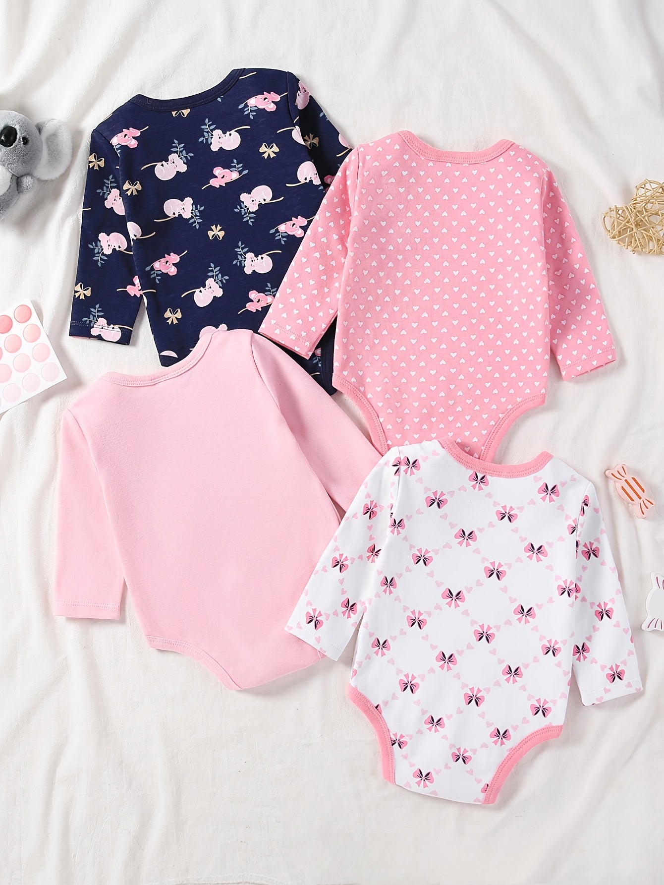 4pcs Set Baby Girl First Year Outfits - Cute Koala & & Ladybug & Flamingo Rompers, Long Sleeve Snap-Fit Jumpsuits, All-Season Clothes (0-12 Months), Machine Washable Wear, Perfect for Outdoor