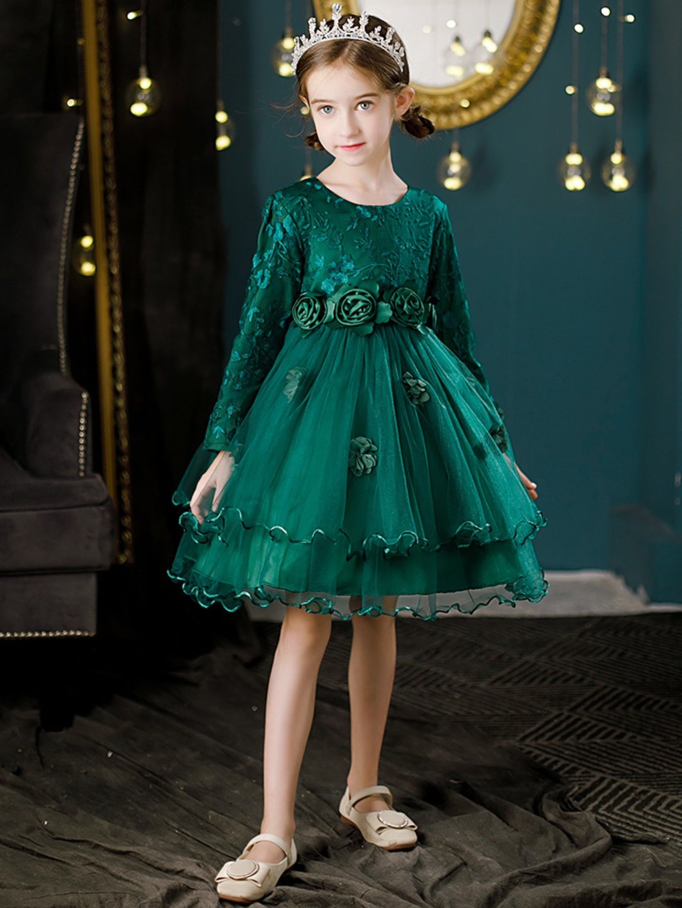 [Princess Style Girls' Dress] Emerald Green Princess Style Lace Long Sleeve Girls' Dress | Floral Waist Tiered Skirt Party Dress for Special Occasions & Daily Wear