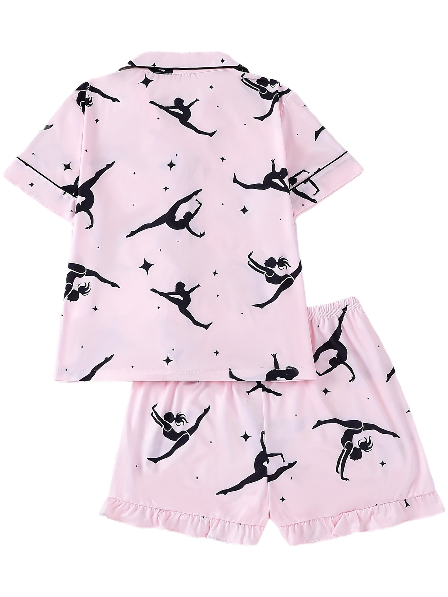 Girls' 2pcs sleeping suit with flame retardant short sleeves, new pink base, cartoon printed dance for little girls, comfortable casual medium and large's wear for parties., Sleepwear For Girls, Dance Party Wear, Short Sleeve