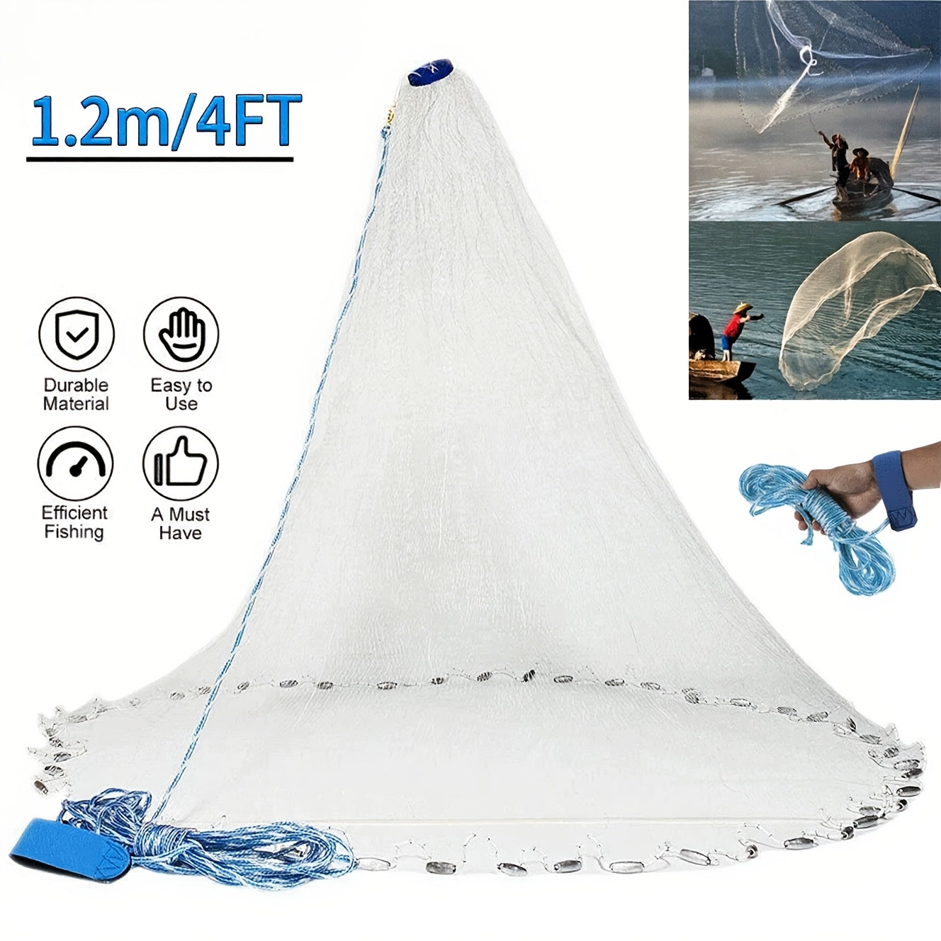 8ft 10ft Fishing Cast Net For Bait Nylon Mesh 1.3cm Saltwater Net With Heavy Duty Zinc Sinker Weights