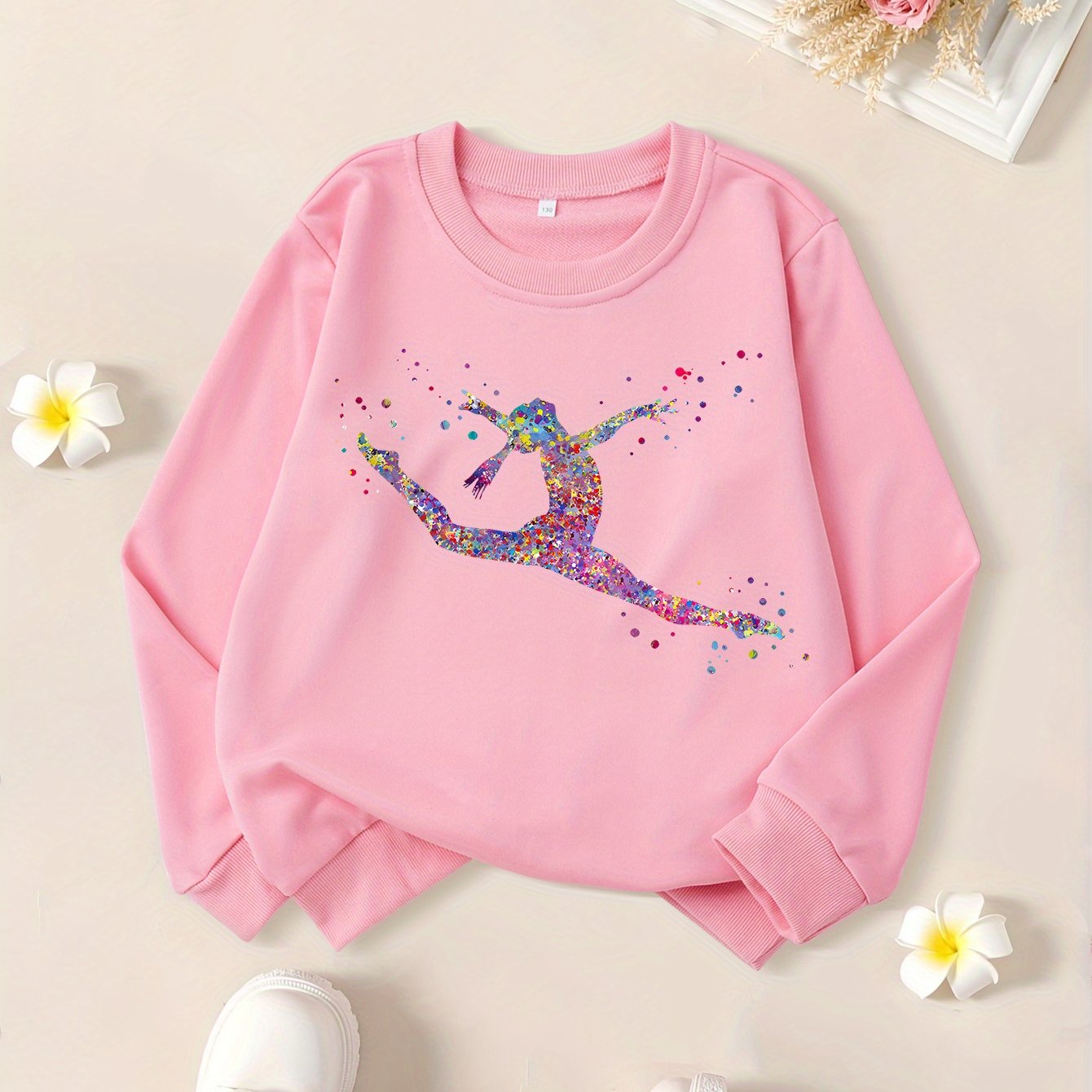 Girls' "Watercolor Gymnastics Girl" Graphic Print Sweatshirt - Black Long Sleeve Crew Neck Casual Top with Colorful Dancer Design, Perfect for Fall & Winter Wear, Gymnastics Apparel | Playful Graphic Sweatshirt | Comfortable