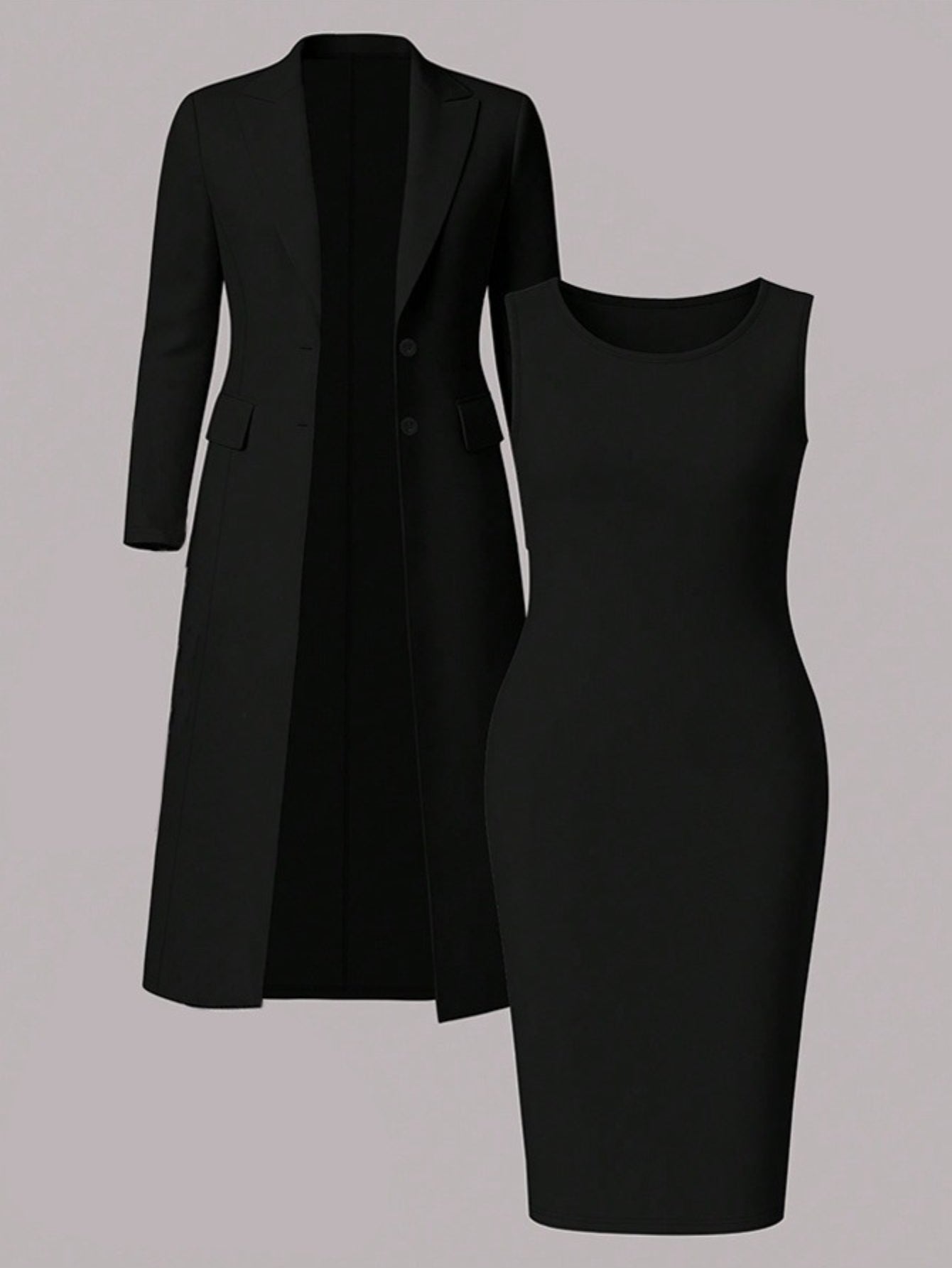 Black Long Blazer And Sleeveless Pencil Skirt Two Piece Set For Elegant Banquet Style Evening Dinners And Business Events