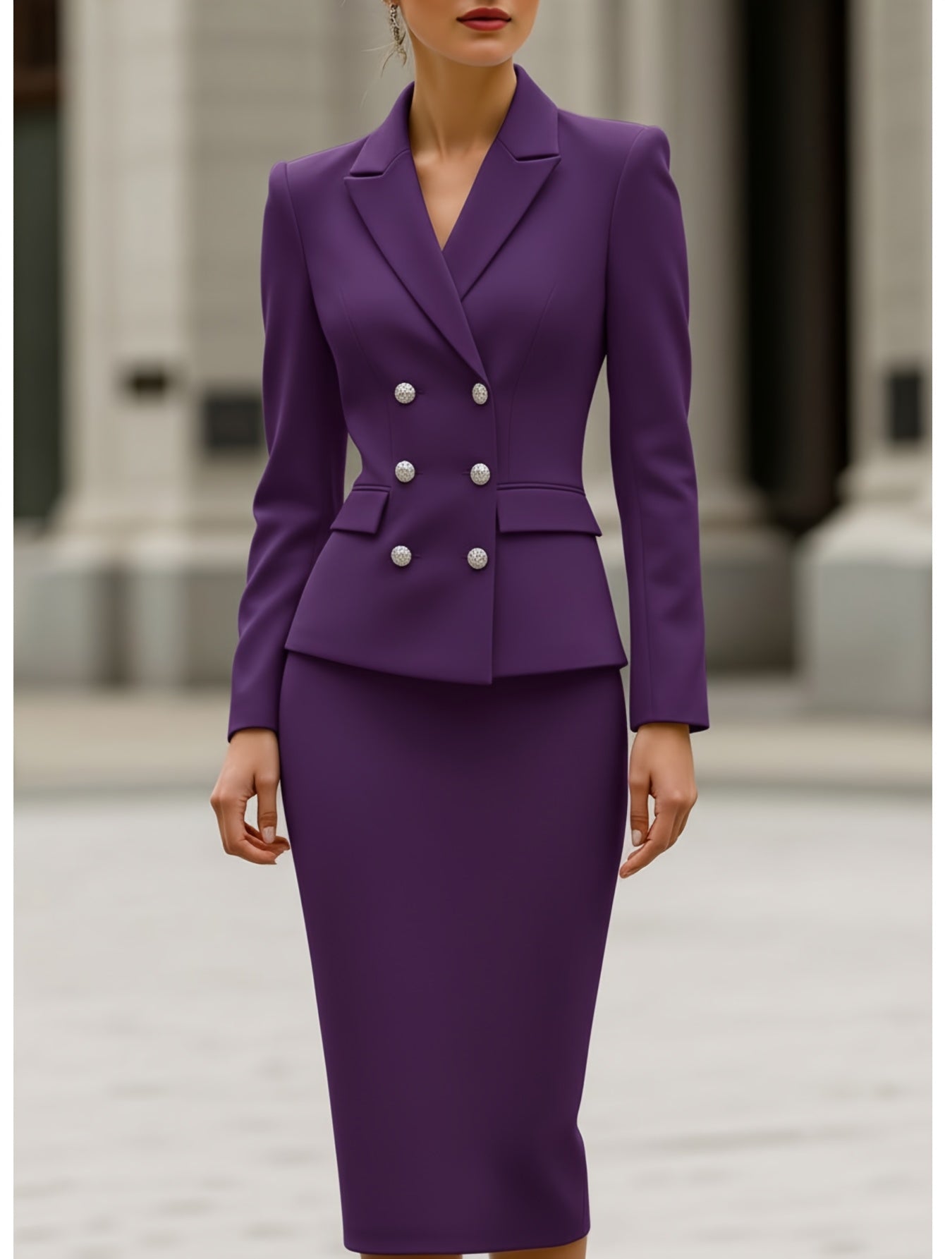Women's Double-Breasted Blazer + Pencil Skirt Two-Piece Set | Suitable for Office Commuting, Formal Occasions, Creating a Polished Slim-Fitting and High-End Outfit
