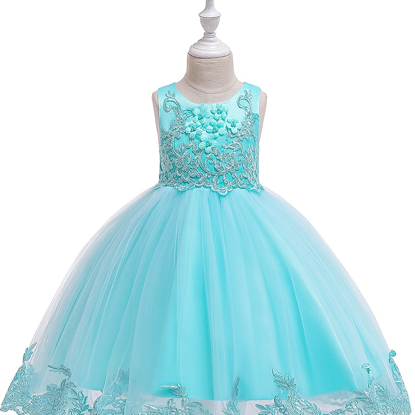 [Princess Dress for Girls] Elegant Girls' Sleeveless Princess Dress with Floral Lace Embroidery & Tulle Skirt | Sweetheart Neckline, Fitted Bodice, Ruffled Hem, Perfect for Weddings, Parties & Special Occasions, Wedding Guest