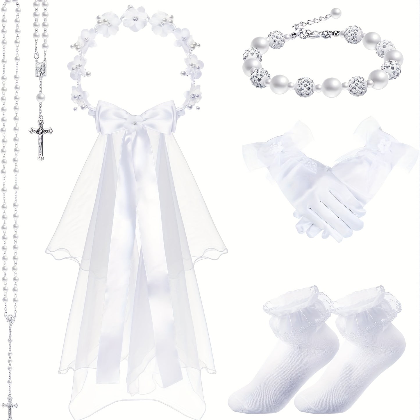 CHUMIA Complete First Communion Outfit Veil Wreath Headpiece Necklace