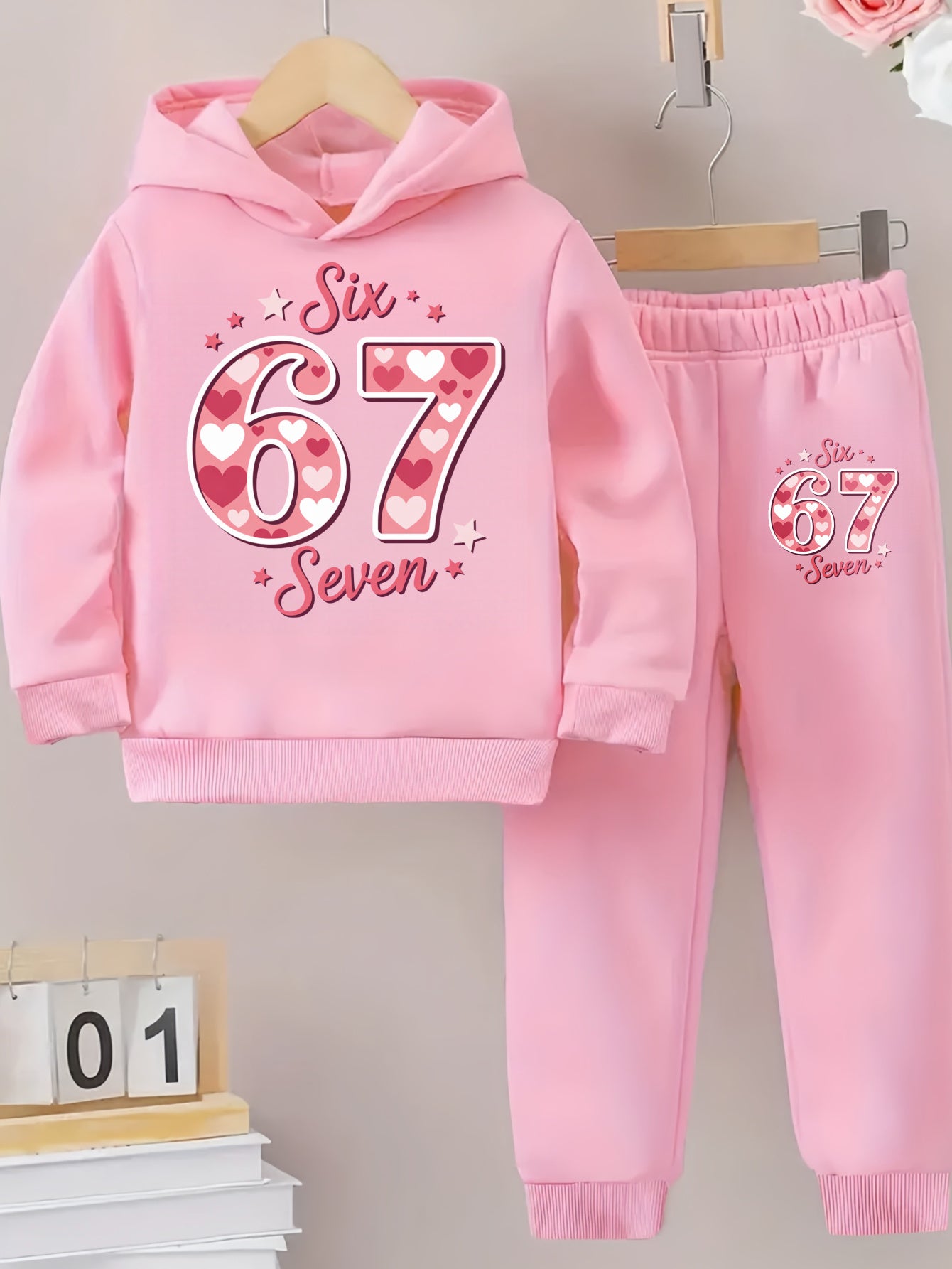 Girls Hoodie and Pants Set | Black Six 67 Seven Pink Heart Print Casual Outfit for Everyday Wear, Fall/Winter, Sweatshirt and Sweatpants, Long Sleeve, Medium Stretch Fabric, for Outdoor