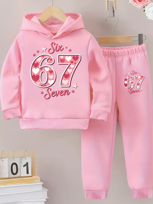 Girls Hoodie and Pants Set | Black Six 67 Seven Pink Heart Print Casual Outfit for Everyday Wear, Fall/Winter, Sweatshirt and Sweatpants, Long Sleeve, Medium Stretch Fabric, for Outdoor