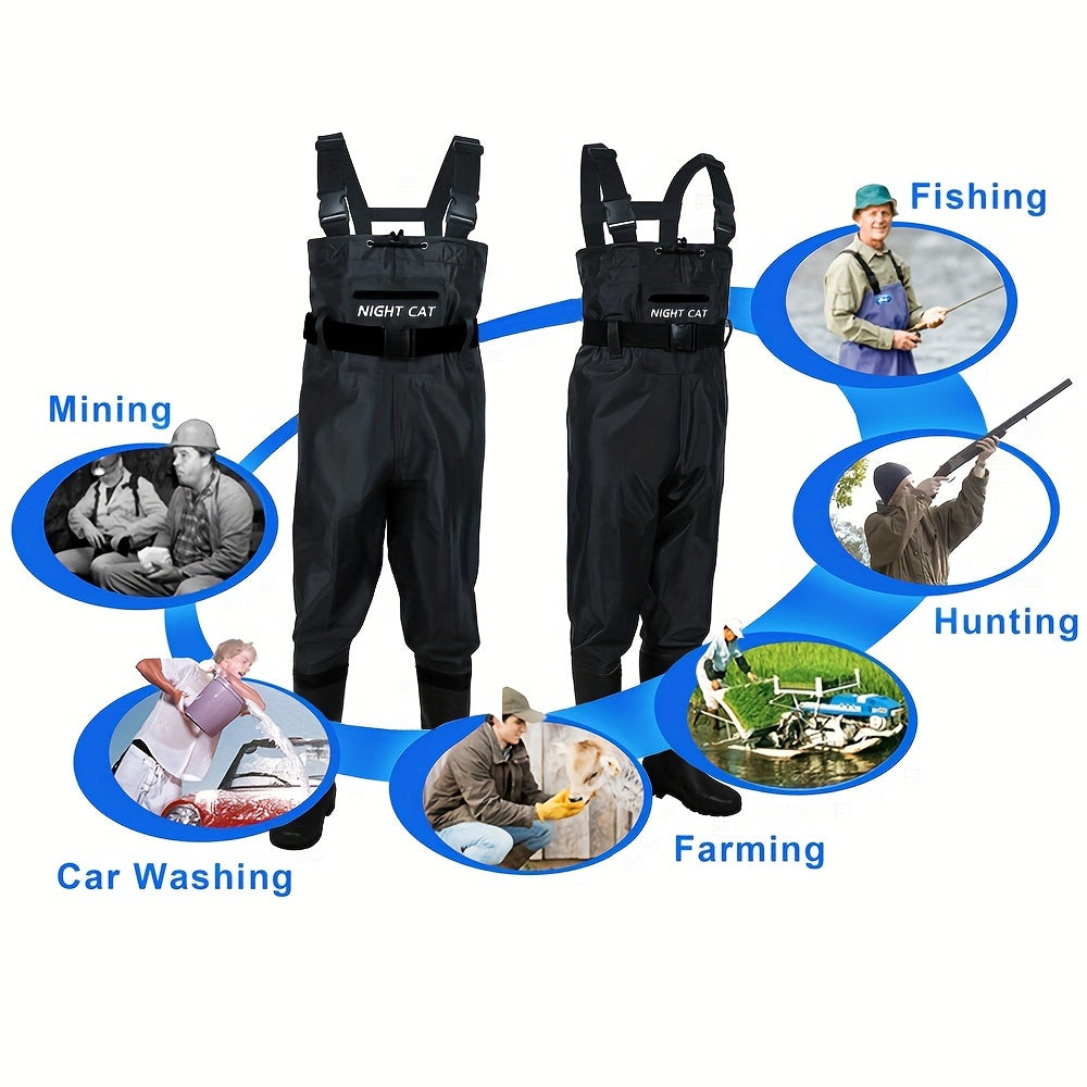 Unisex Nylon Fishing Waders for Men And Women, Featuring PVC Boots, an Adjustable Waist Belt, And a Lightweight, Breathable Design. Available in Black, Sizes 6.5 to 13.