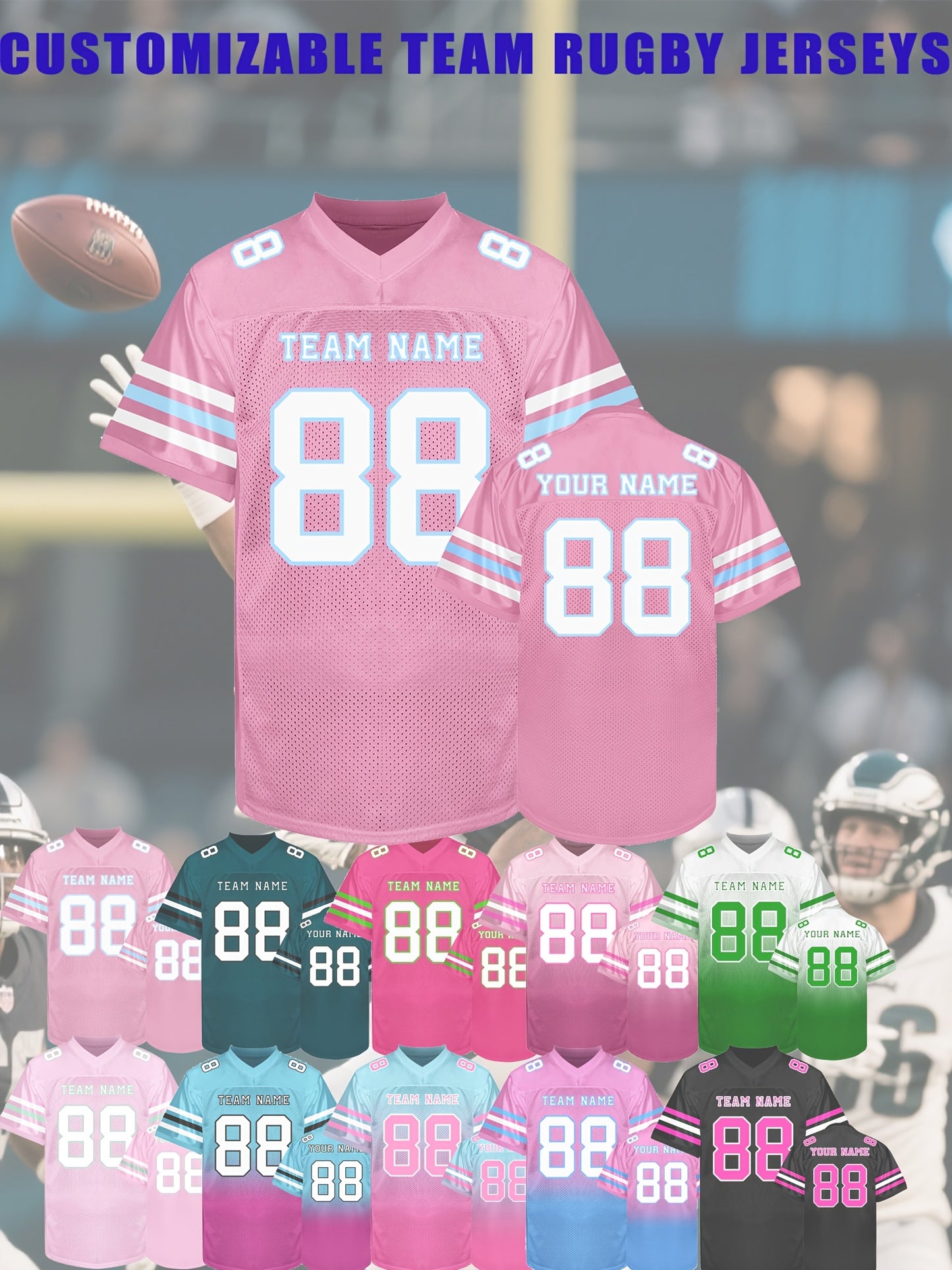 [Custom Rugby Jerseys] Custom Rugby Jerseys - Personalized Name, Number, Team - V-Neck Nylon Button Front - All-Season Comfort Fit - Custom Colors (Black/Pink/Teal/Green/) - for Men, Teams, Sports, Training, Parties, Casual W