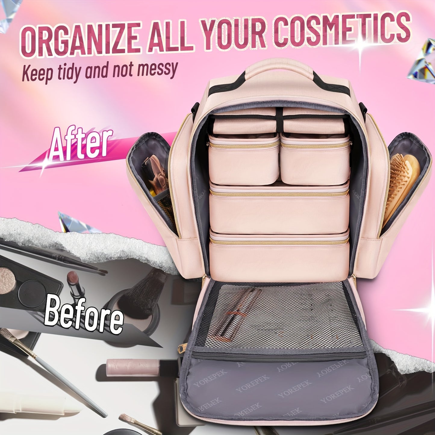 Large Travel Makeup Bag Organizer With 4 Removable Cases And 1 Jewelry Organizer Roll, Multiple Storage Pockets Cosmetic Bag Holds Toiletries/Skin Care/Hair Supplies/Brush, Makeup Case For Accessories, Cosmetics, Toiletries,