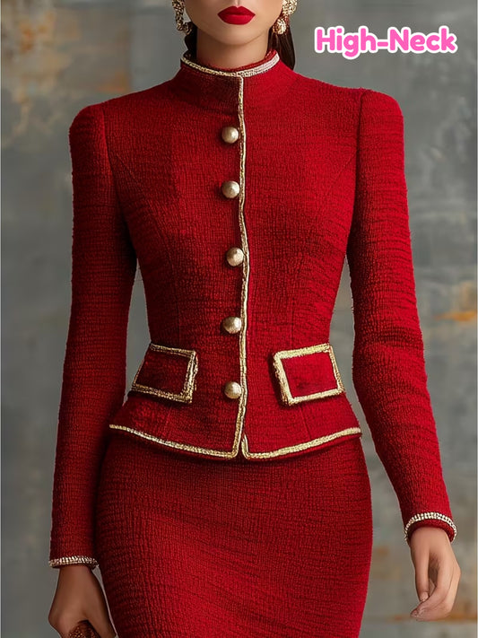 2pcs Red Contrast Top and Skirt Set | Women'S New Year Style Exquisite Vintage Aesthetic, Perfect for Holiday Visits and High-End Gatherings, Elegant High Neck, Color Block Pattern for Fall/Winter